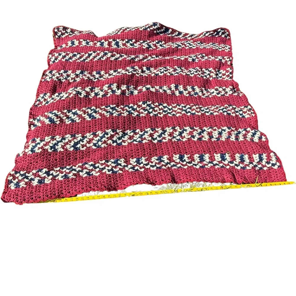Vintage Handmade‎ Crochet Afghan Blanket Red White Blue 56” Square Throw